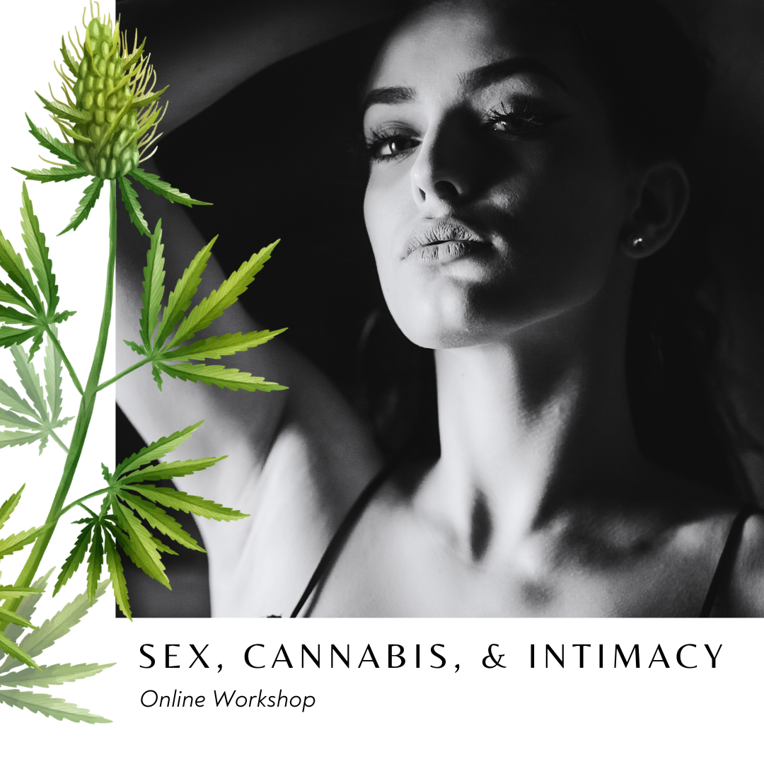 Title image for Penelope's Wrist workshop 'Sex, Cannabis, & Intimacy', featuring elegant, intertwined symbols of cannabis leaf and a woman pictured in black and white